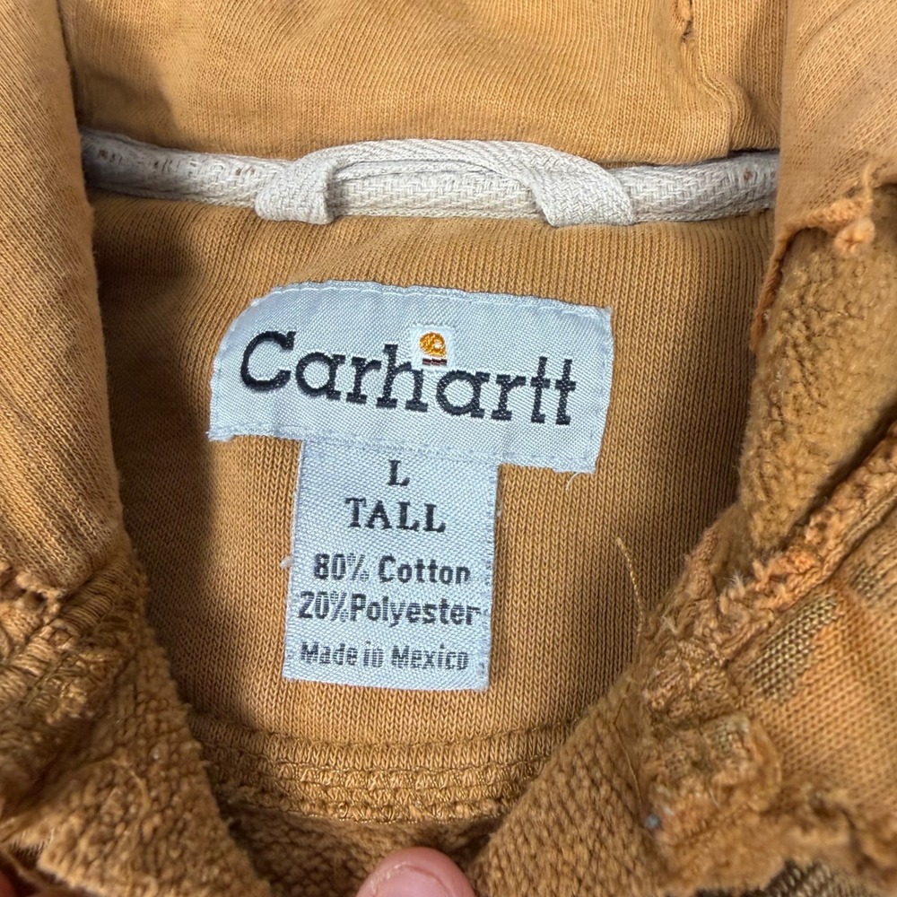 Y2K Mens Carhartt Distressed Midweight Hooded Sweatshirt Brown L Tall - Picture 4 of 7